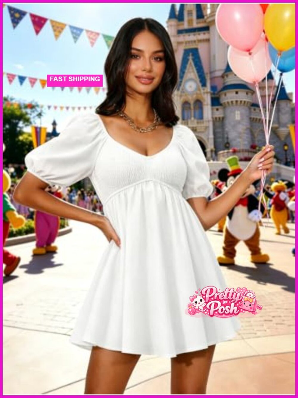 Women's Babydoll Dress - V Neck Puff Sleeve Empire Waist Swing Mini Sundress - Picture 4 of 6